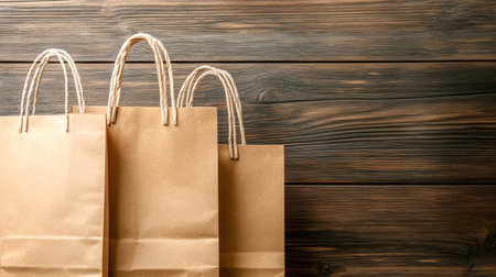 A set of three brown paper shopping bags with handles rests on a rustic wooden surface. Ideal for eco-friendly retail concepts or minimalistic designs.の素材