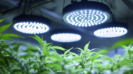 Bright LED grow lights shine over healthy cannabis plants in a greenhouse, showcasing modern indoor farming techniques. The vibrant foliage thrives under optimal conditions.の素材
