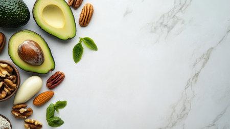 An arrangement of fresh avocados, nuts, and green leaves on a marble surface, showcasing healthy ingredients perfect for recipes focused on nutrition and flavor.の素材