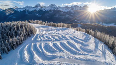 Captivating aerial view showcasing snow-covered mountains at sunrise. The landscape features gentle snowdrifts and a serene atmosphere perfect for winter adventures.の素材