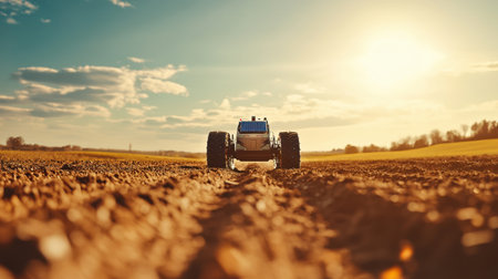 A modern tractor stands on freshly plowed soil, capturing the essence of agricultural innovation under a vibrant sunset. Embrace the beauty of rural life.の素材