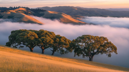 Breathtaking scene of majestic trees against rolling hills shrouded in mist at sunrise, creating a serene and tranquil atmosphere in nature.の素材