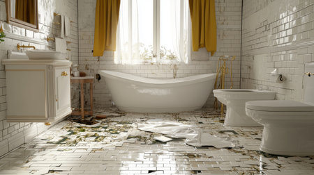 This image showcases a beautifully designed modern bathroom featuring a flooded floor. Natural light floods the space through large windows, creating an elegant ambiance.の素材