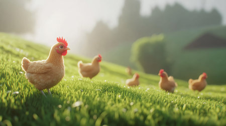 A charming scene of playful chickens roaming freely on lush green grass under soft morning light. Perfect for themes of rural life and nature.の素材