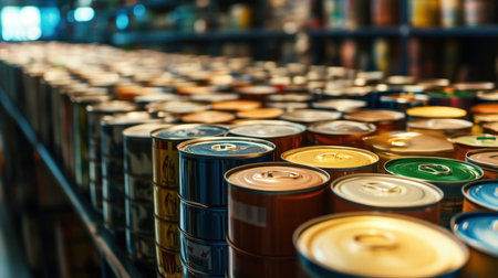 A vibrant display of various colorful soup cans organized on grocery store shelves creates an inviting scene for shoppers exploring food options.の素材