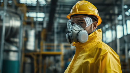 A worker wearing a yellow raincoat, helmet, and mask stands in an industrial setting. The photo emphasizes safety gear and personal protection in a factory environment.の素材