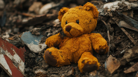 A lonely, worn teddy bear sits amidst debris, evoking feelings of nostalgia and lost childhood. The scene captures the contrast between innocence and abandonment.の素材