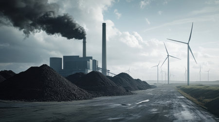 A contrasting industrial landscape features a factory emitting smoke alongside modern wind turbines. The scene symbolizes the clash between fossil fuels and renewable energy sources.の素材