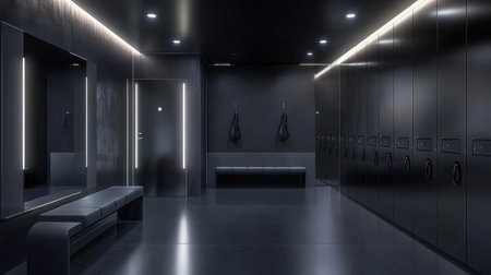 This sleek modern locker room features a dark color scheme with minimalist design elements. The organized space includes benches, lockers, and atmospheric lighting.の素材