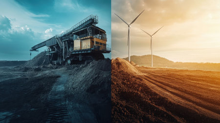 This image showcases the stark contrast between large mining machinery and wind turbines. It highlights the tension between industrial activity and renewable energy landscape, emphasizing sustainability.の素材