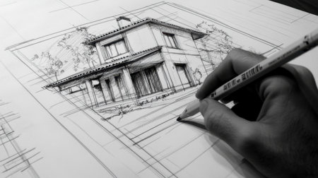 A detailed hand sketch showcasing a modern house design, highlighting creative architectural elements in black and white. An inspiring image for designers.の素材