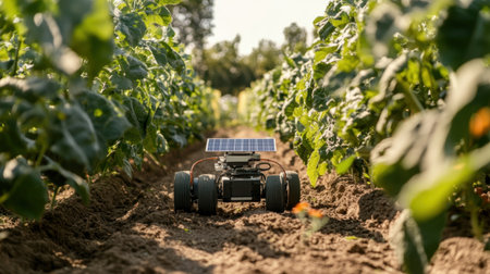 A solar-powered robot navigates through a lush agricultural field, showcasing modern technology's role in sustainable farming and crop monitoring.の素材