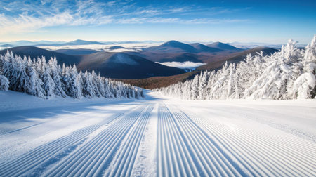 Captivating winter scene featuring a snow-covered slope that leads through a tranquil landscape adorned with frosted trees and distant mountains.の素材