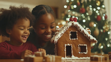 Two joyful children smile while decorating a gingerbread house together during the festive Christmas season, capturing moments of happiness and creativity.の素材