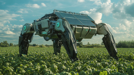 A futuristic robot equipped with solar panels stands in a vibrant agricultural field, symbolizing innovation and sustainability in farming practices.の素材