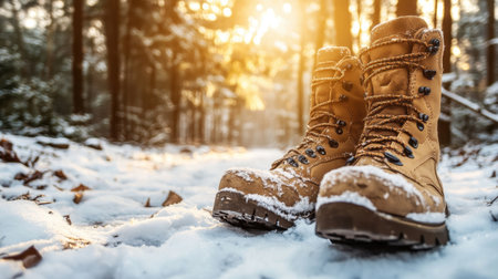A pair of winter hiking boots sit on a snow-covered trail in a forest. Warm sunlight filters through the trees, creating a serene and adventurous atmosphere.の素材