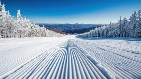 A stunning view of a freshly groomed snow trail stretching through a peaceful alpine landscape. The clear blue sky and frosted trees create a serene winter atmosphere.の素材