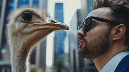 A curious man in sunglasses shares a close encounter with an ostrich in an urban environment. This humorous moment captures the unexpected bond between human and wildlife.の素材