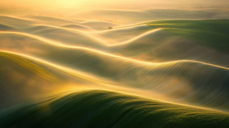 A breathtaking view of rolling green hills at sunrise, enveloped in soft mist. The gentle light creates an ethereal atmosphere, ideal for nature lovers.の素材