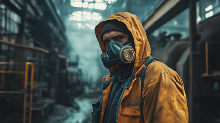 A solitary figure dressed in protective gear stands in a dimly lit industrial space, embodying themes of caution and survival against an eerie backdrop of smoke and machinery.の素材
