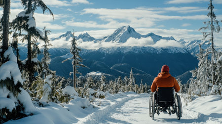 A person in a wheelchair enjoys a breathtaking view of snowy mountains. The serene landscape features fresh snow, tall trees, and bright sunlight.の素材
