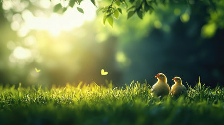 Two adorable baby chickens sit in a lush green field, basking in the warm sunlight. The vibrant scenery captures the beauty of nature and the innocence of spring.の素材