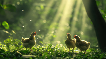 Three birds stand together in a sunlit forest, illuminated by soft, glowing light. The serene atmosphere highlights their delicate features and the lush greenery around them.の素材