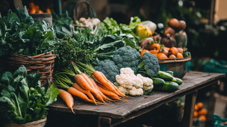 A vibrant display of fresh organic vegetables including carrots, broccoli, and cucumbers on a rustic wooden table in an inviting market setting. Ideal for healthy eating visuals.の素材