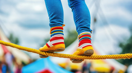 A vibrant image showcasing a performer balancing on a tightrope. The person wears colorful socks and shoes, creating a playful and engaging atmosphere.の素材
