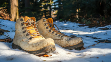 A pair of well-worn hiking boots sit on a snowy surface in a tranquil forest setting. Sunlight filters through pine branches, highlighting the rugged footwear in a serene outdoor environment.の素材