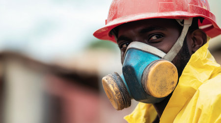 A focused worker in a hard hat and respirator mask prepares for work in an outdoor setting. The protective gear highlights safety in a challenging environment.の素材