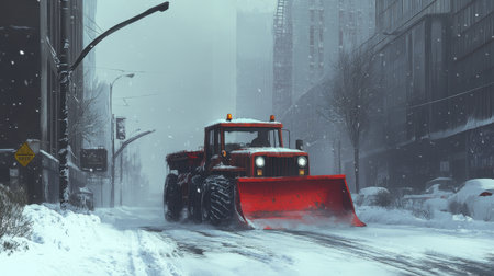 A vibrant red snow plow navigates through a snowy urban landscape, clearing streets during a winter storm, showcasing winter maintenance and city resilience.の素材
