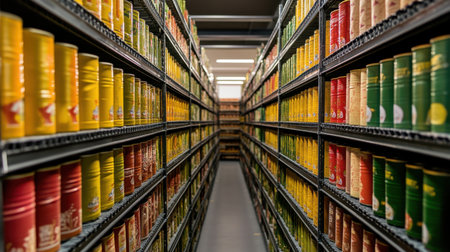 A vibrant aisle filled with colorful canned goods on shelves in a modern warehouse, showcasing organized storage solutions for various products, enhancing retail aesthetics.の素材