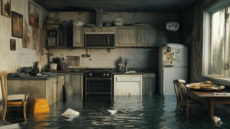 A haunting image of an abandoned kitchen submerged in water, showcasing the aftermath of a flood. This photo captures the chaos and decay of a once lively home, evoking emotions of loss and neglect.の素材