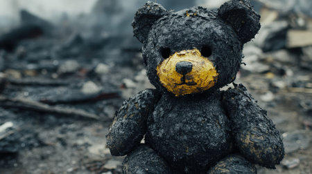 A charred teddy bear sits in the midst of devastation, representing lost innocence and deep emotional scars. The contrast of dark ash and yellow highlights evokes a sense of sorrow.の素材
