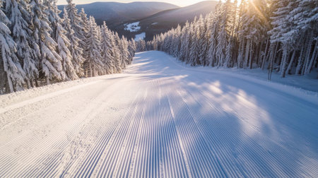 A stunning winter landscape featuring a freshly groomed ski slope surrounded by tall snow-covered trees and soft sunlight, ideal for outdoor activities.の素材