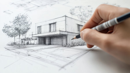 A hand illustrates an architectural sketch of a modern house, showcasing design elements, outdoor landscaping, and planning details in a creative workspace.の素材