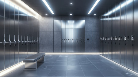 A modern locker room featuring sleek metallic lockers and a minimalist design. The well-lit space promotes a clean and organized atmosphere ideal for various facilities.の素材