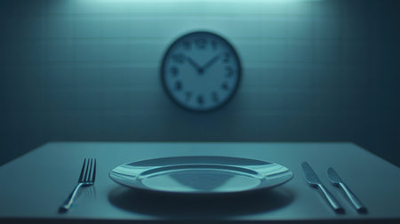 A serene dining setup featuring a pristine plate centrally placed on a table with a fork and knife. A clock in the background softly illuminates the scene, suggesting a moment of anticipation.の素材