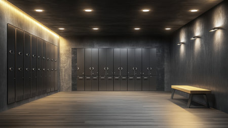 This image showcases a modern minimalist locker room interior featuring sleek lockers, a wood bench, and atmospheric lighting. The space is designed for calm and functionality.の素材
