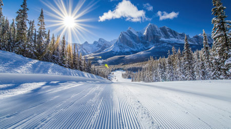 Stunning winter scene showcasing a snow-covered mountain landscape under a bright sun, highlighting the beauty of nature and inviting outdoor adventures.の素材