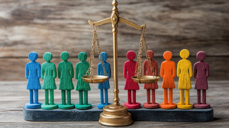 This image depicts colorful wooden figurines alongside brass scales, symbolizing justice and equality. The arrangement highlights community diversity and fairness.の素材
