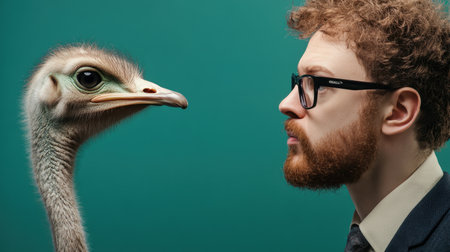 A man in a suit stares intently at an ostrich, showcasing a whimsical interaction. The vibrant turquoise background enhances the unique dynamic between human and animal.の素材