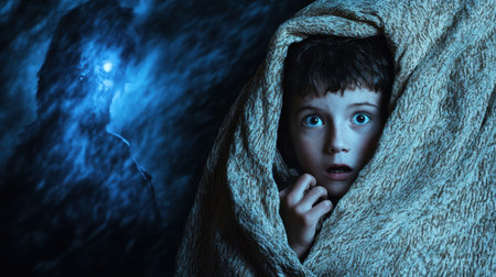 A young child wrapped in a blanket displays a captivating expression of surprise and fear against a dark, mysterious backdrop. The contrasting light adds depth to the emotion.の素材