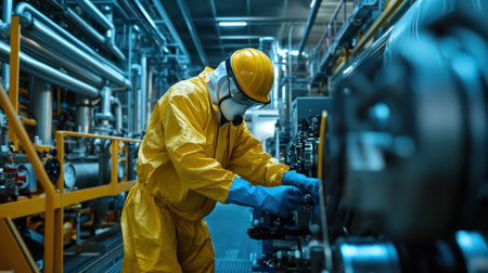 A worker in full protective gear interacts with complex machinery in an industrial setting. Safety measures are evident in the controlled environment, highlighting modern manufacturing practices focused on efficiency and safety.の素材