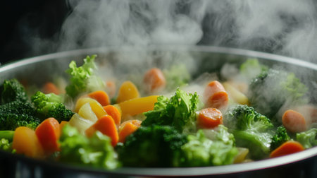 Colorful medley of fresh steamed vegetables featuring broccoli, carrots, and peppers emanating steam. A healthy and vibrant option for nutritious meals.の素材