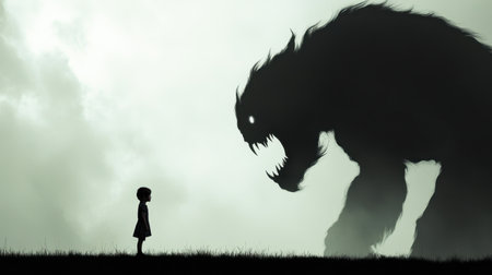 A child stands in stark contrast to a towering shadowy figure, evoking a sense of fear and wonder in an eerie landscape. This scene captures the essence of imagination and anxiety.の素材