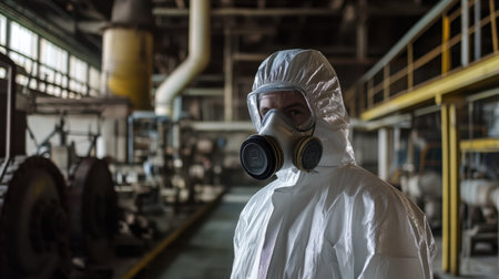 An industrial worker dressed in protective gear stands in a manufacturing facility, wearing a gas mask. The environment highlights safety standards and health precautions in industry.の素材