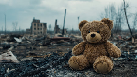 A plush bear sits alone in a devastated landscape filled with ruins and debris. This poignant image evokes feelings of nostalgia and loss, illustrating the impact of destruction on innocence.の素材