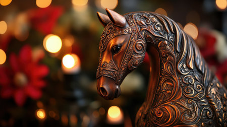 This captivating bronze horse sculpture showcases intricate swirling patterns, perfect for adding an artistic touch to any decor. The warm bokeh background enhances its elegance.の素材